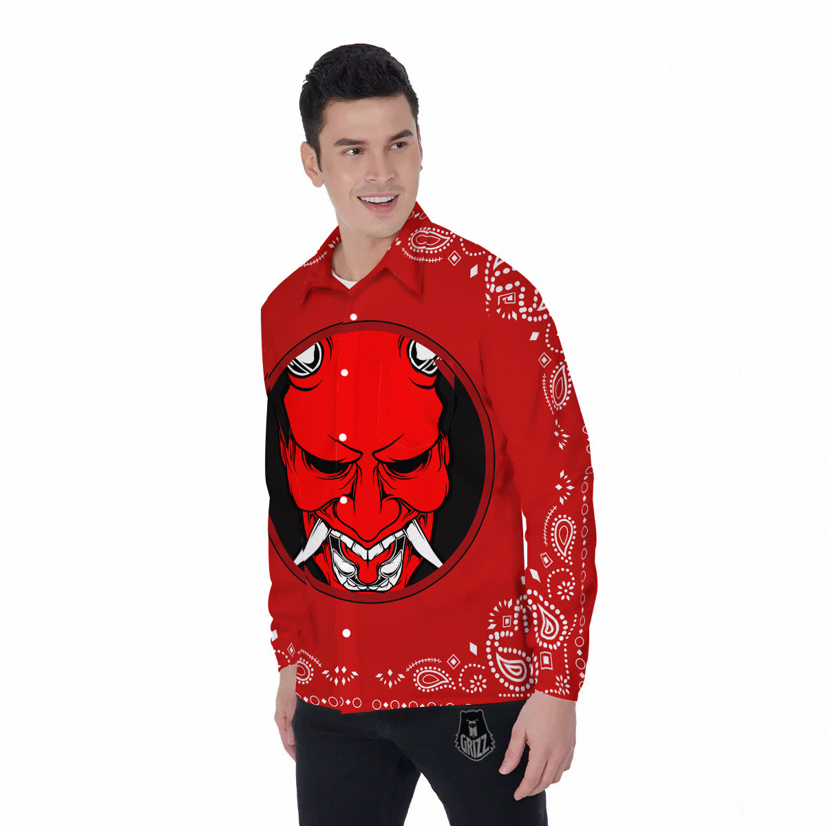 Bandana Red Hannya Demon Print Men's Long Sleeve Shirts-grizzshop