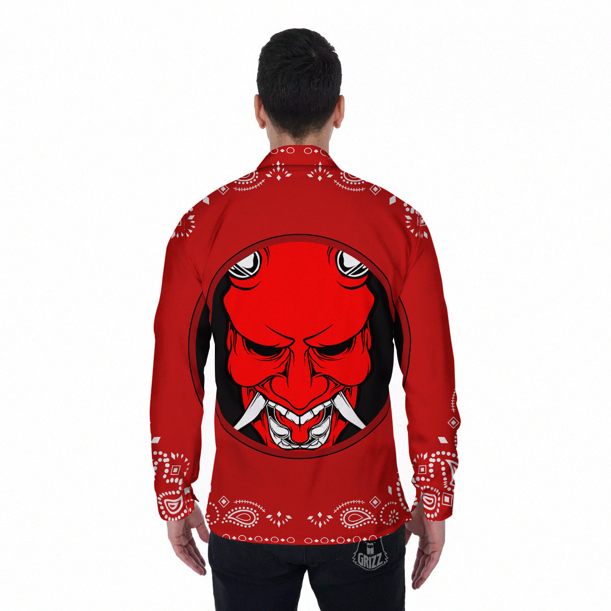 Bandana Red Hannya Demon Print Men's Long Sleeve Shirts-grizzshop