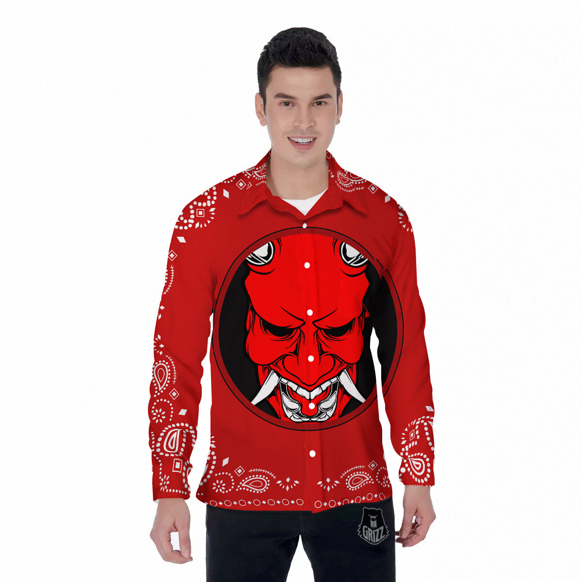 Bandana Red Hannya Demon Print Men's Long Sleeve Shirts-grizzshop