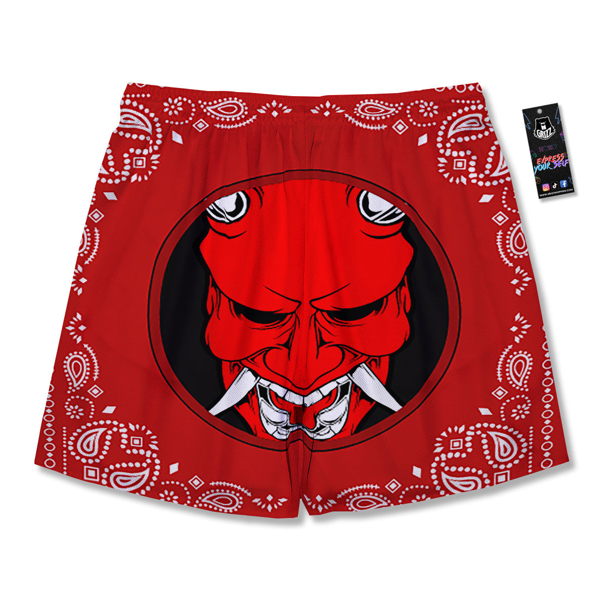 Bandana Red Hannya Demon Print Men's Running Shorts-grizzshop
