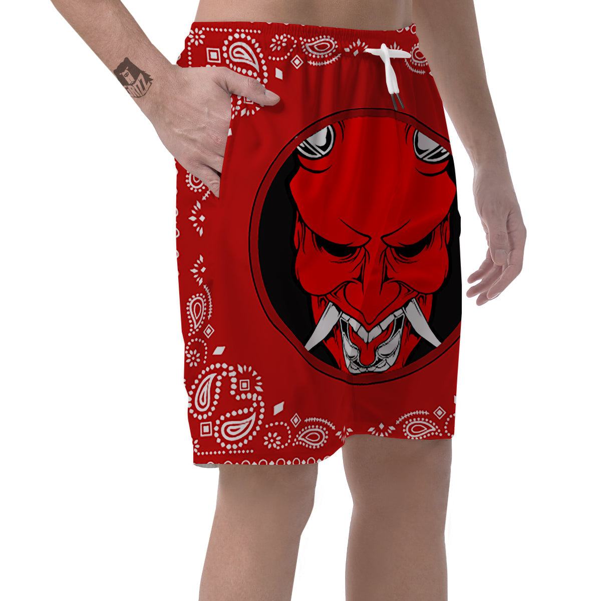 Bandana Red Hannya Demon Print Men's Shorts-grizzshop