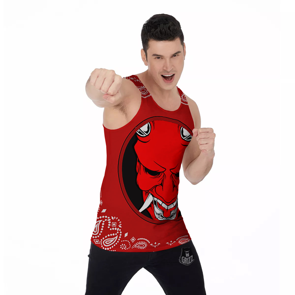 Bandana Red Hannya Demon Print Men's Tank Top-grizzshop