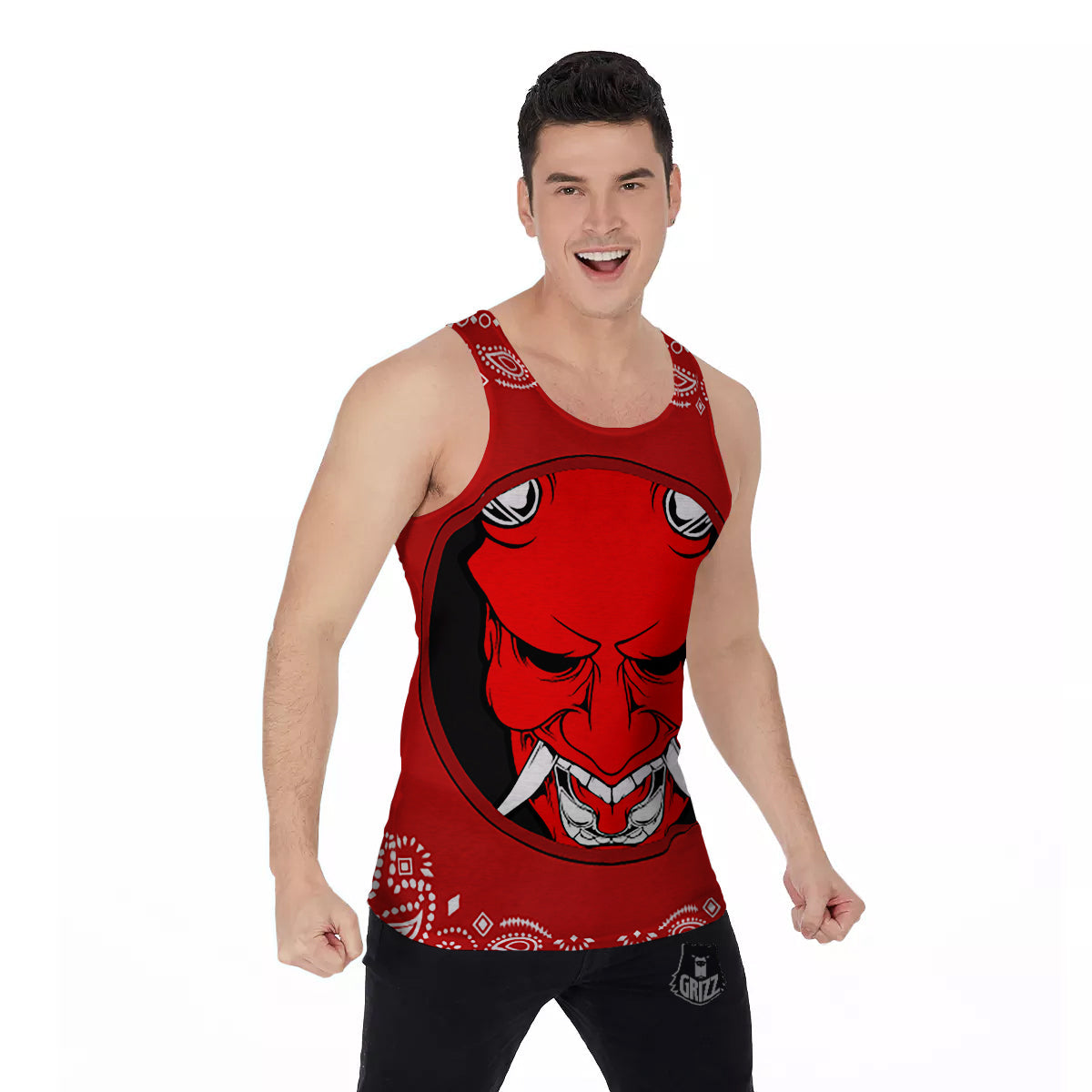 Bandana Red Hannya Demon Print Men's Tank Top-grizzshop