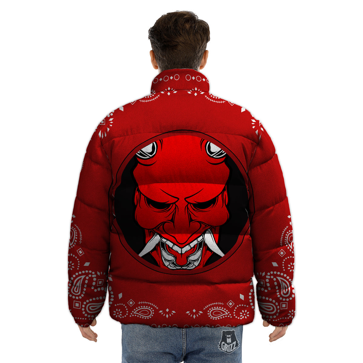Bandana Red Hannya Demon Print Puffer Jacket-grizzshop