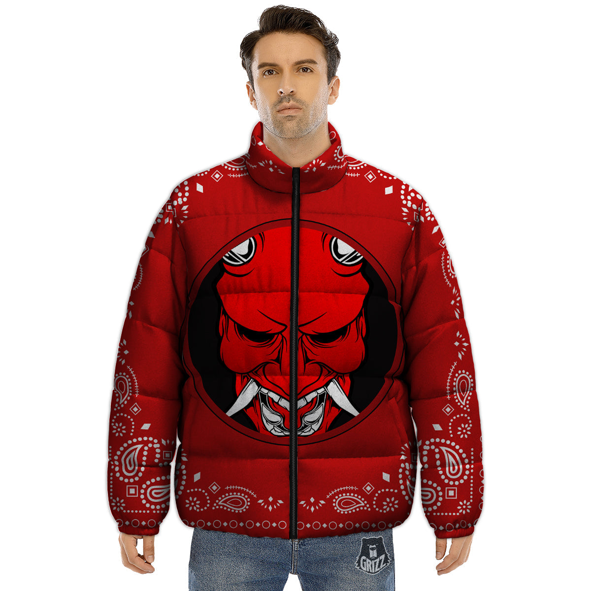 Bandana Red Hannya Demon Print Puffer Jacket-grizzshop
