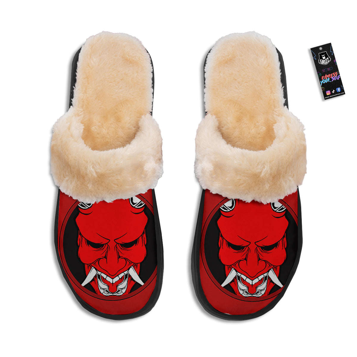 Bandana Red Hannya Demon Print Slippers-grizzshop
