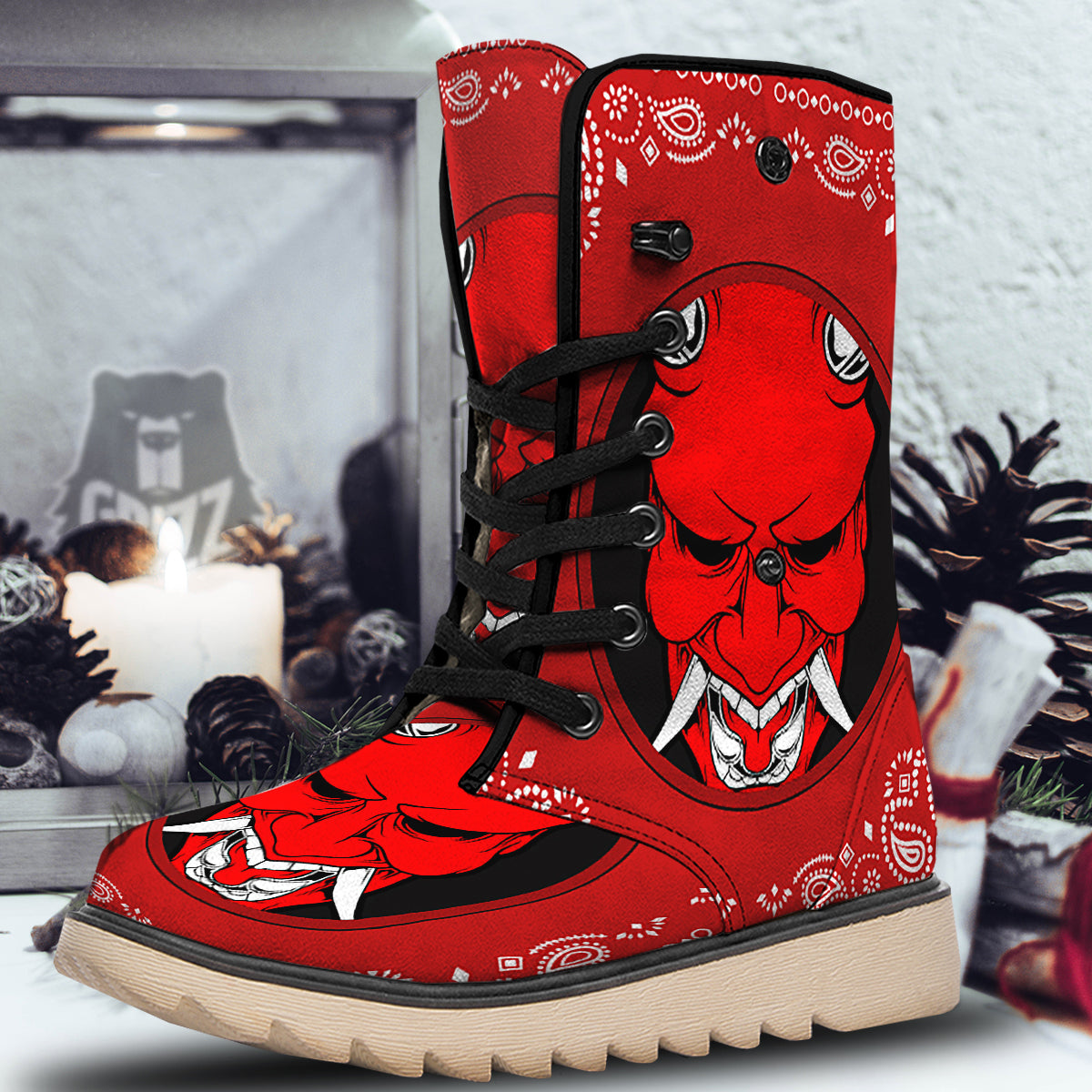 Bandana Red Hannya Demon Print Snow Boots-grizzshop