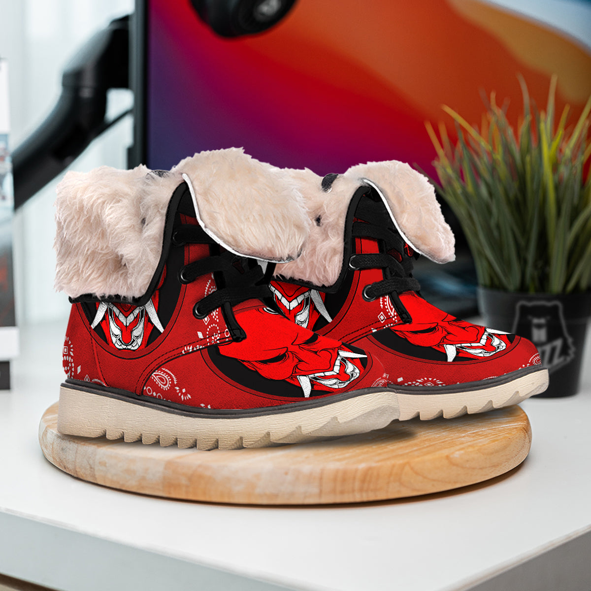 Bandana Red Hannya Demon Print Snow Boots-grizzshop
