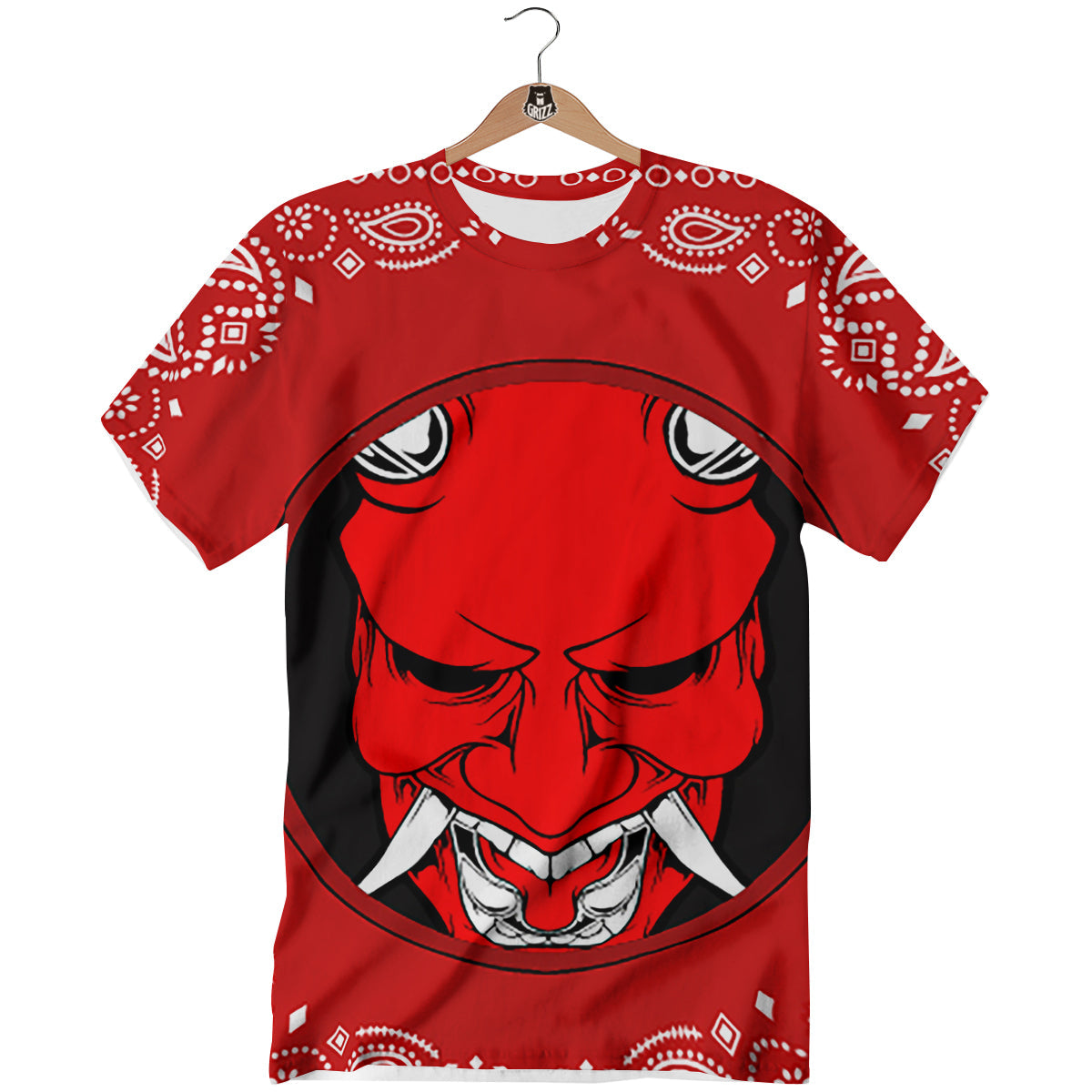 Bandana Red Hannya Demon Print T-Shirt-grizzshop
