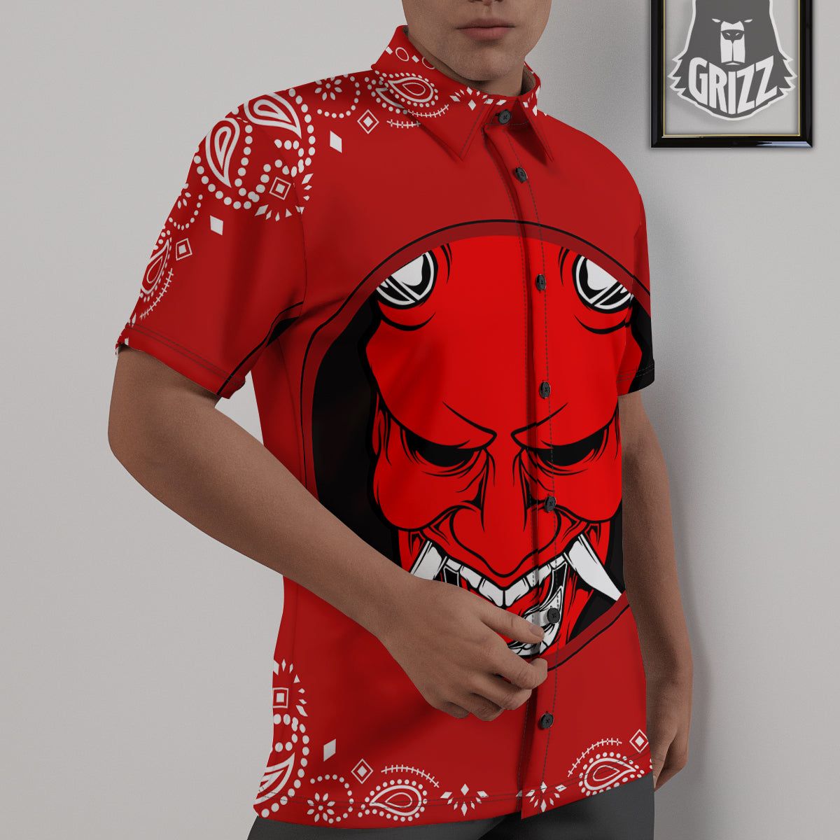 Bandana Red Hannya Demon Print Untucked Shirts-grizzshop