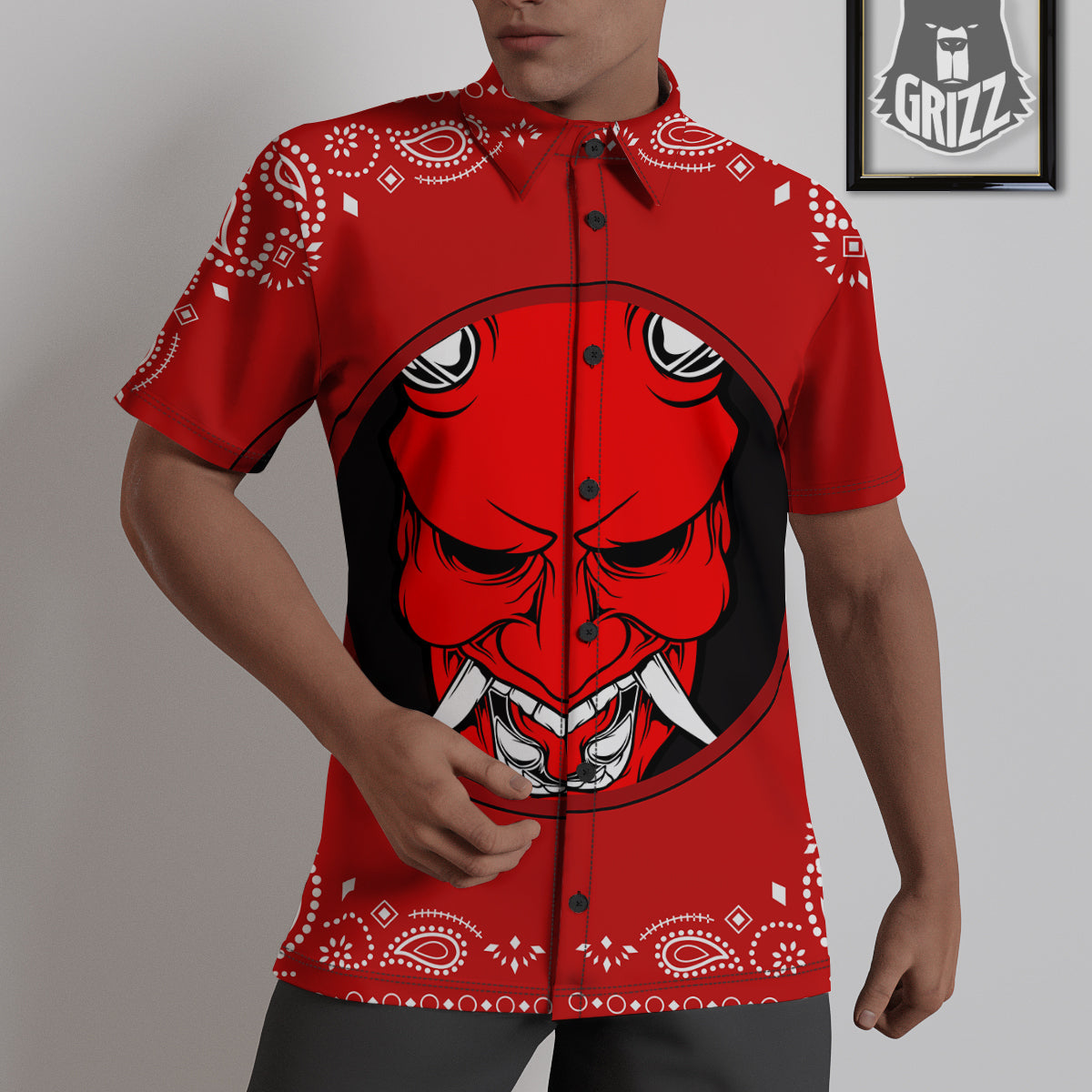 Bandana Red Hannya Demon Print Untucked Shirts-grizzshop