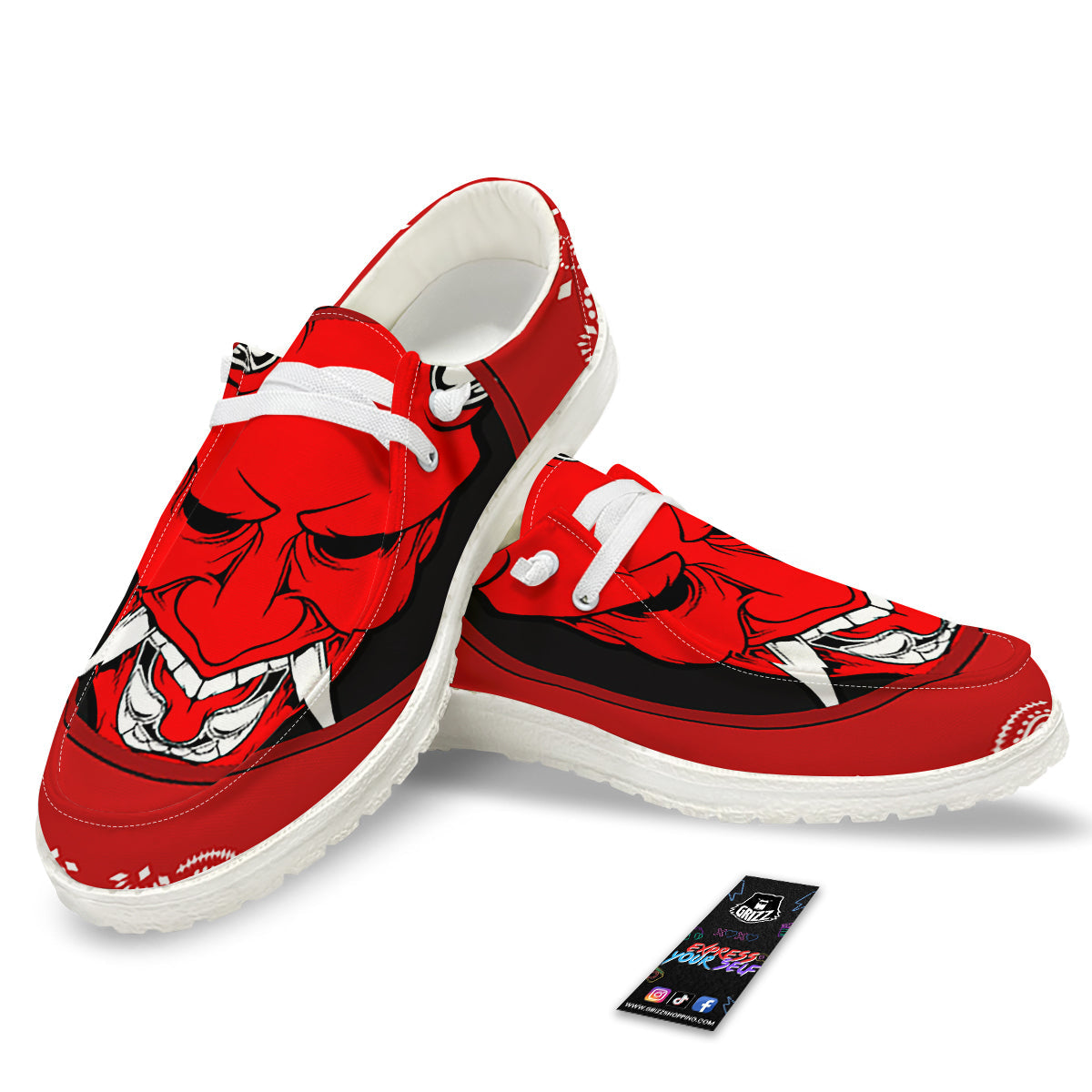 Bandana Red Hannya Demon Print White Loafers-grizzshop