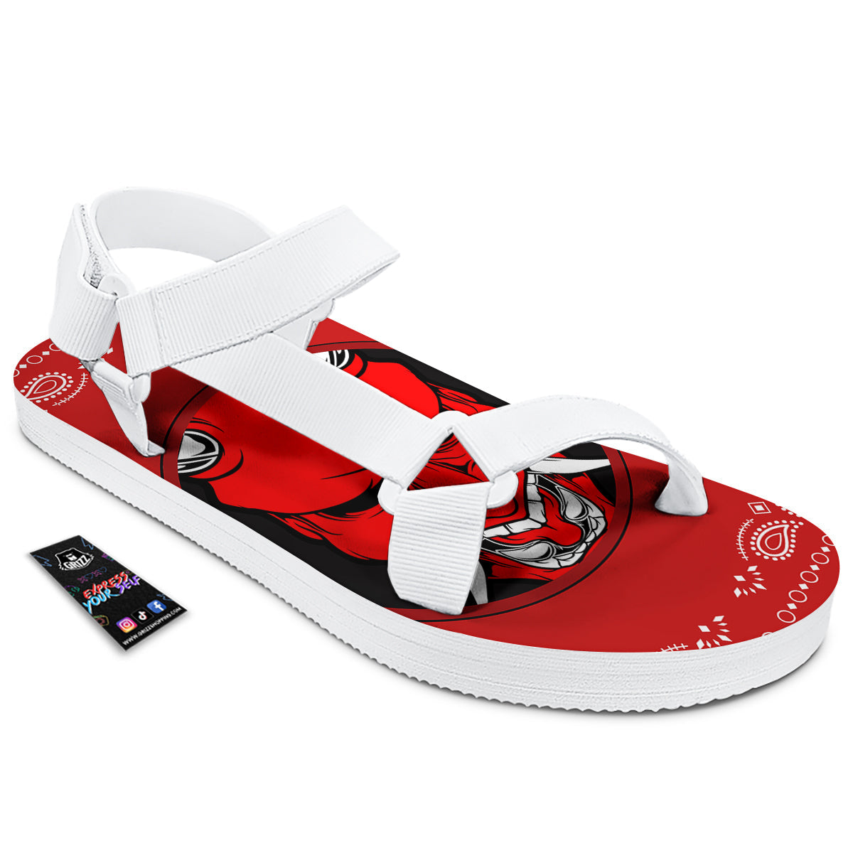Bandana Red Hannya Demon Print White Open Toe Sandals-grizzshop