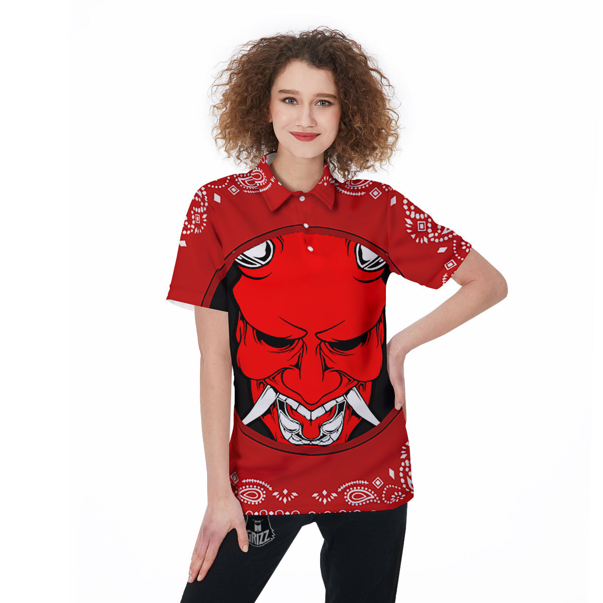 Bandana Red Hannya Demon Print Women's Golf Shirts-grizzshop