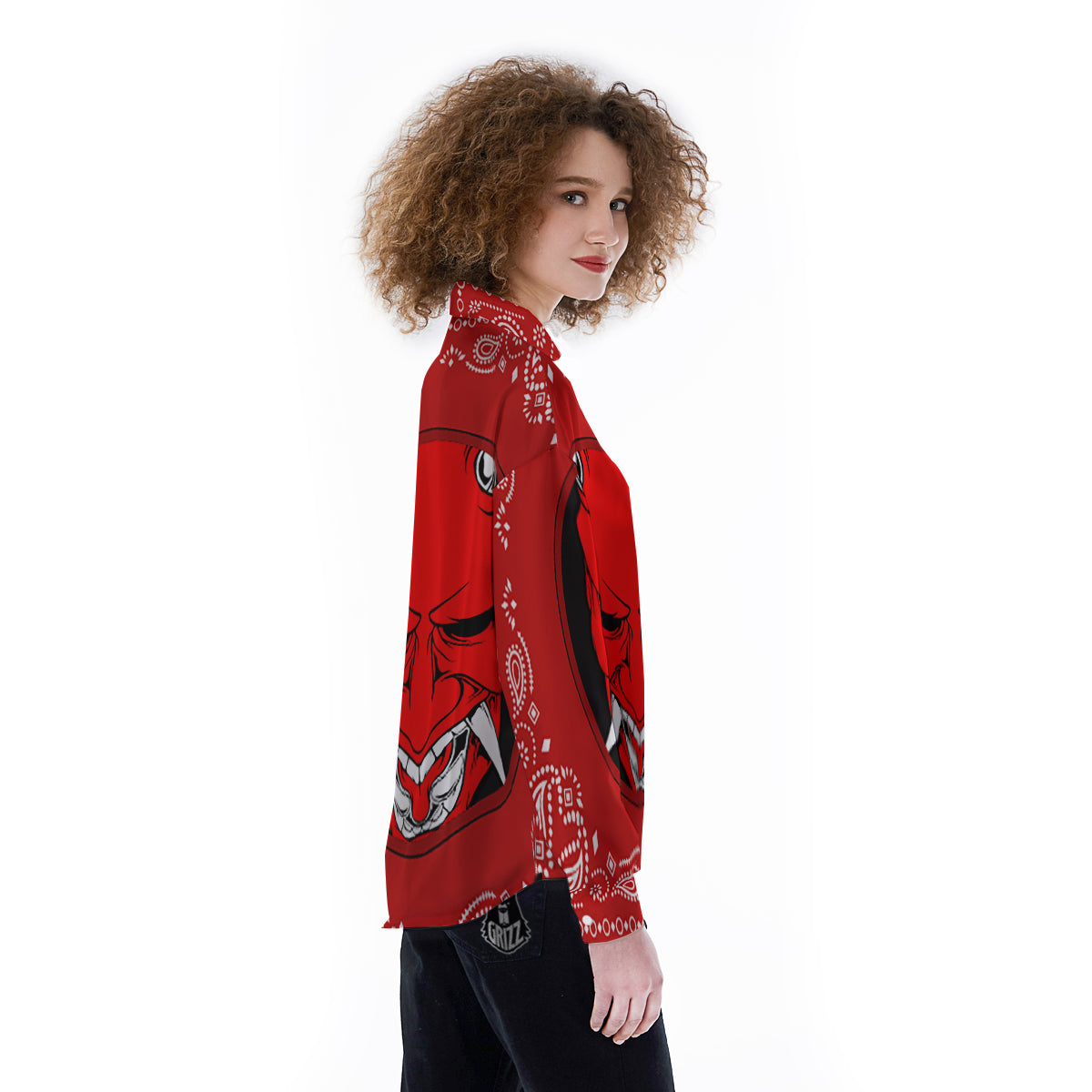 Bandana Red Hannya Demon Print Women's Long Sleeve Shirts-grizzshop
