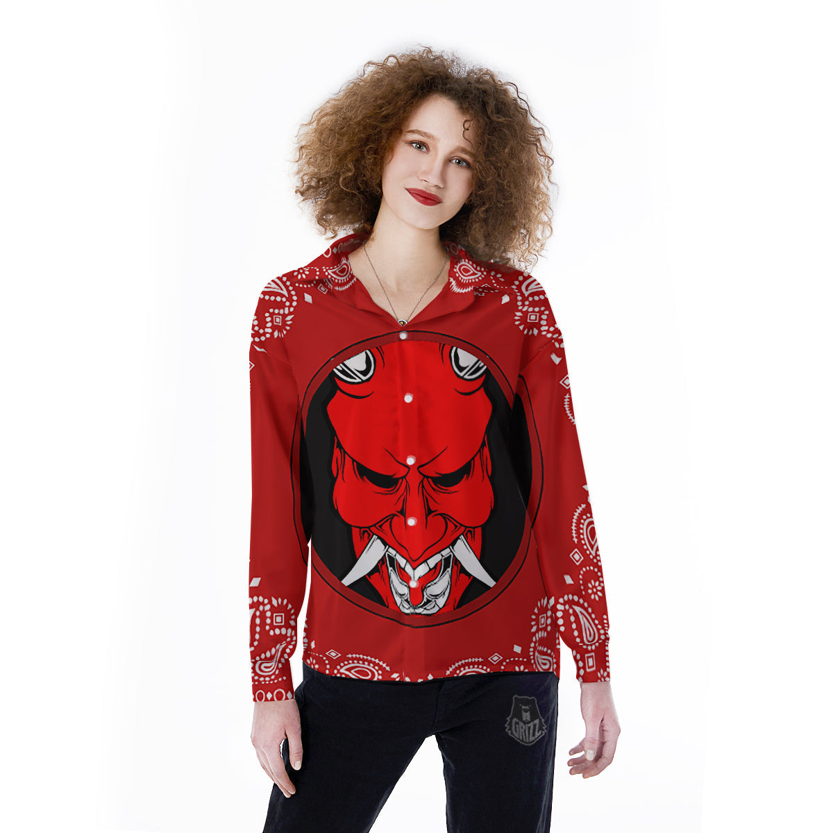 Bandana Red Hannya Demon Print Women's Long Sleeve Shirts-grizzshop