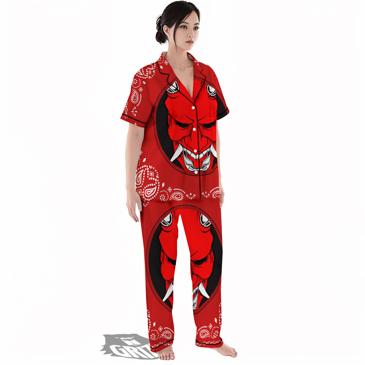 Bandana Red Hannya Demon Print Women's Pajamas Set-grizzshop