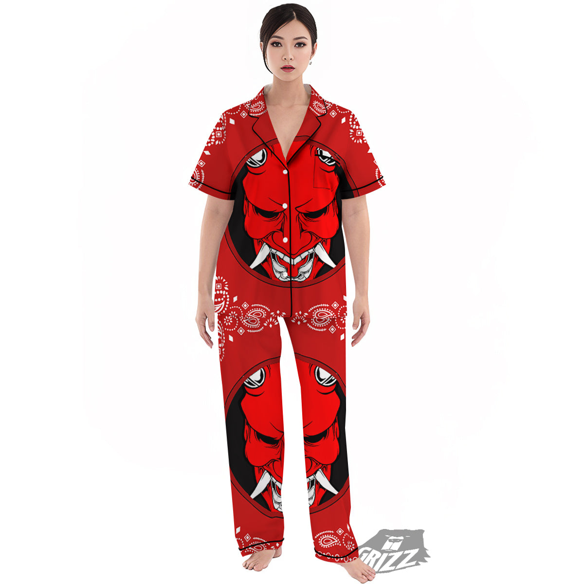 Bandana Red Hannya Demon Print Women's Pajamas Set-grizzshop
