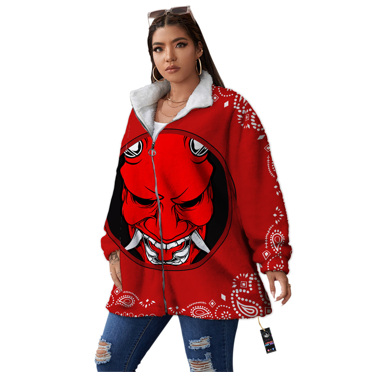 Bandana Red Hannya Demon Print Women's Sherpa Jacket-grizzshop