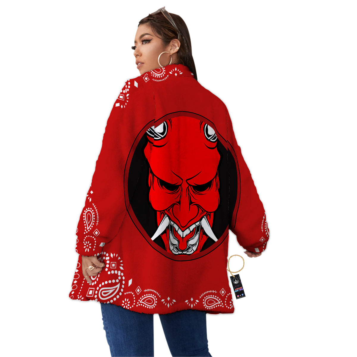 Bandana Red Hannya Demon Print Women's Sherpa Jacket-grizzshop