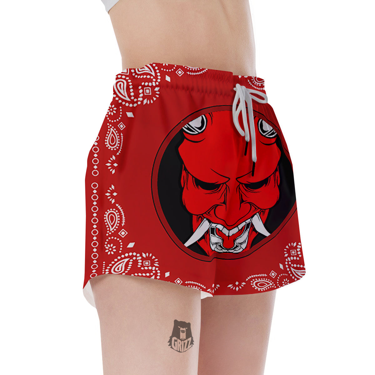 Bandana Red Hannya Demon Print Women's Shorts-grizzshop