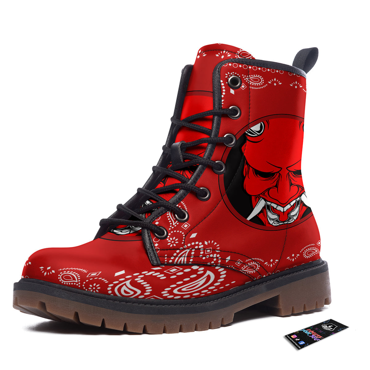 Bandana Red Hannya Demon Print Work Boots-grizzshop