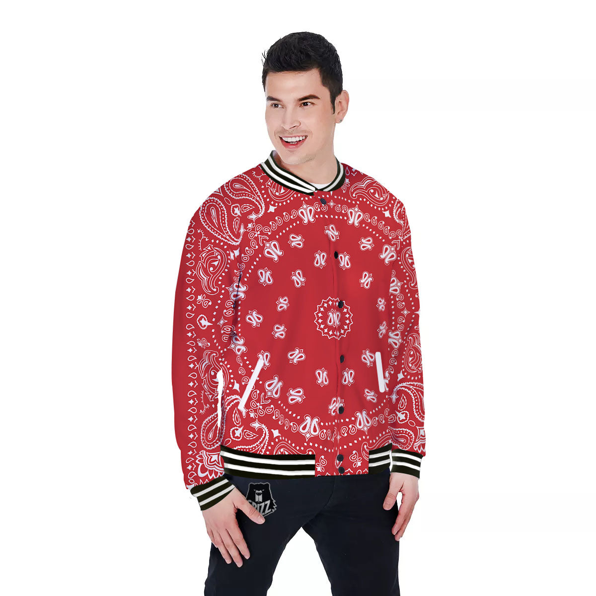 Bandana Red Paisley Print Baseball Jacket-grizzshop