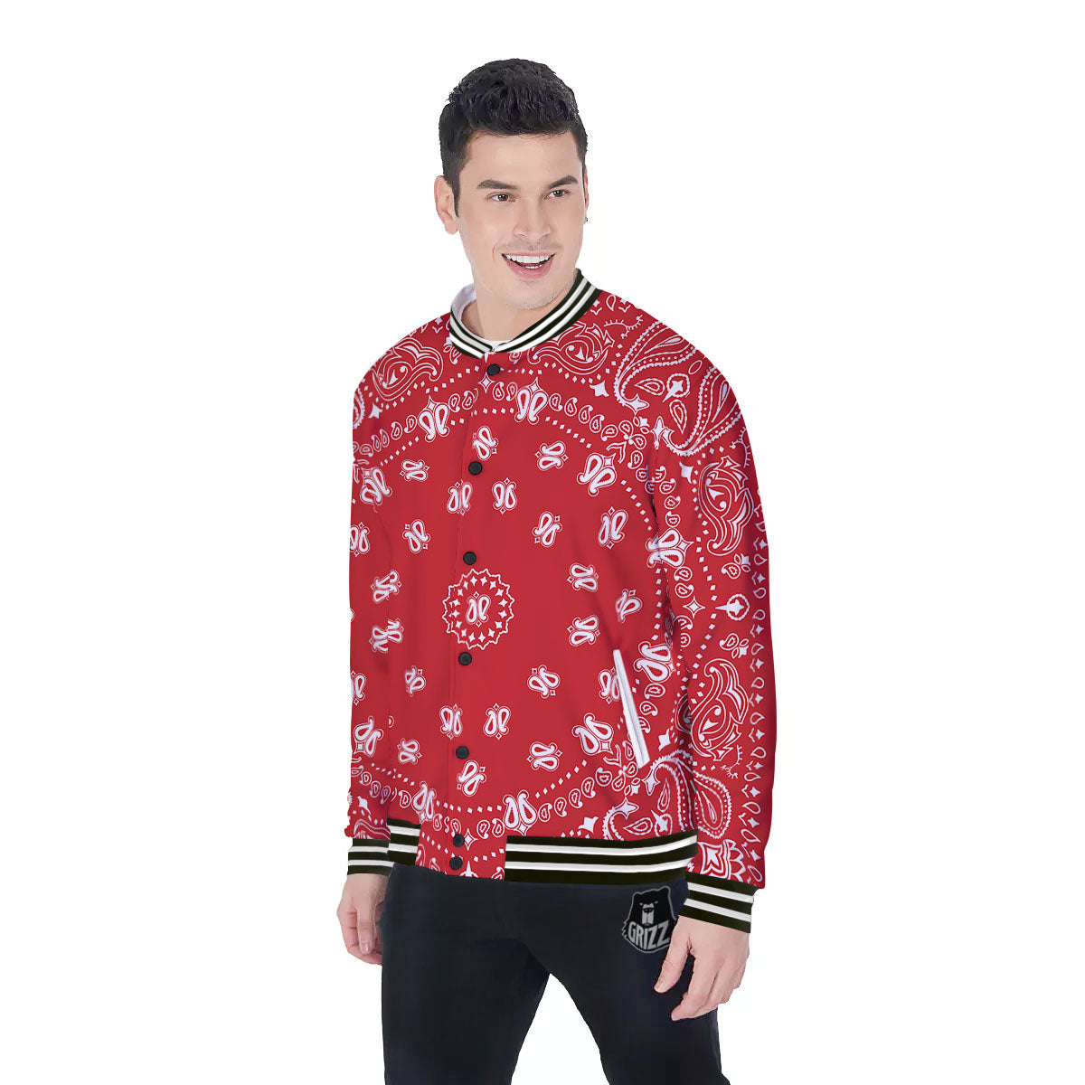 Bandana Red Paisley Print Baseball Jacket-grizzshop