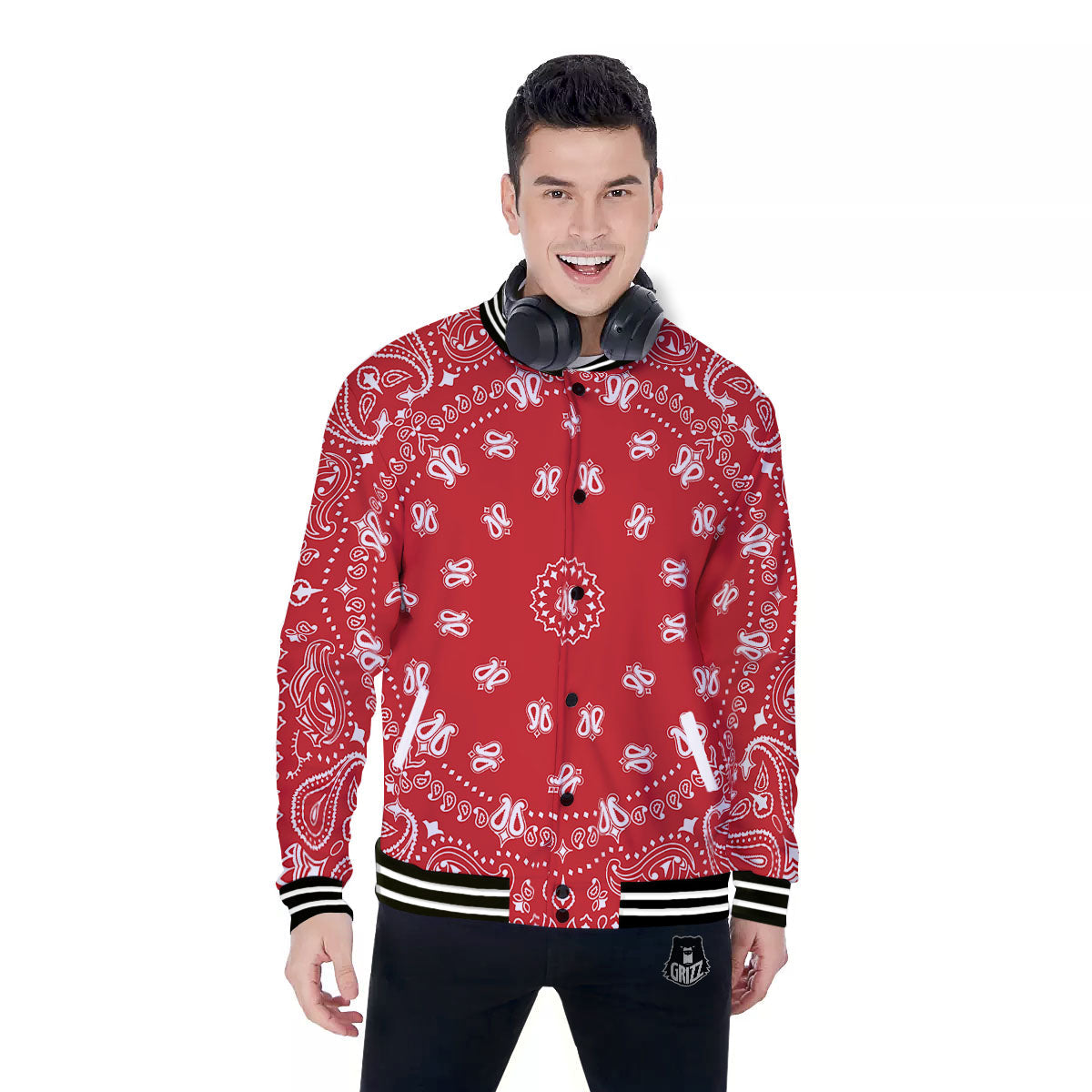 Bandana Red Paisley Print Baseball Jacket-grizzshop
