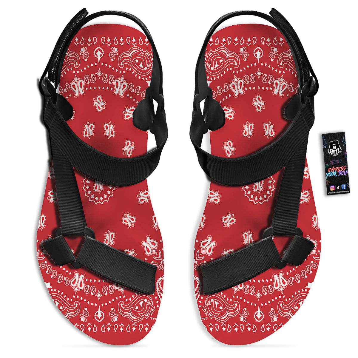 Bandana Red Paisley Print Black Open Toe Sandals-grizzshop