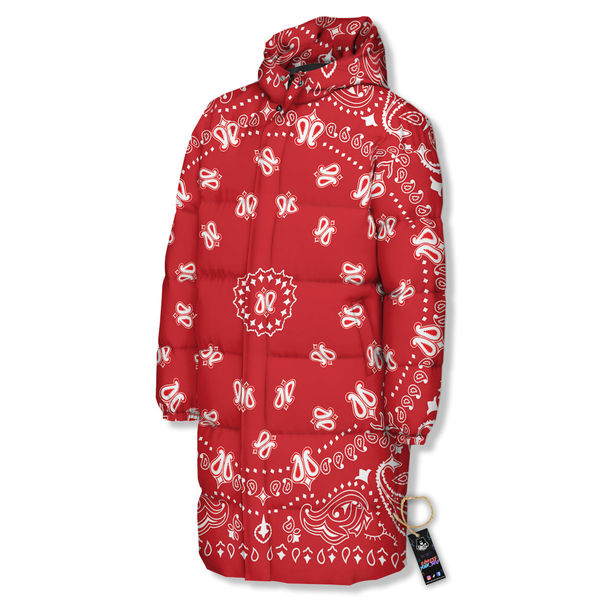 Bandana Red Paisley Print Long Down Jacket-grizzshop