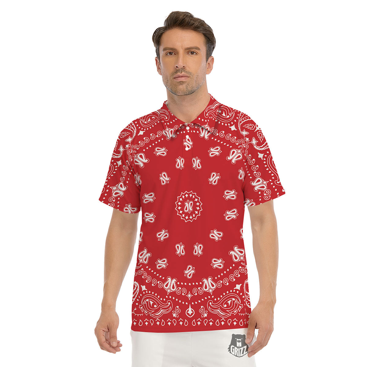 Bandana Red Paisley Print Men's Golf Shirts-grizzshop