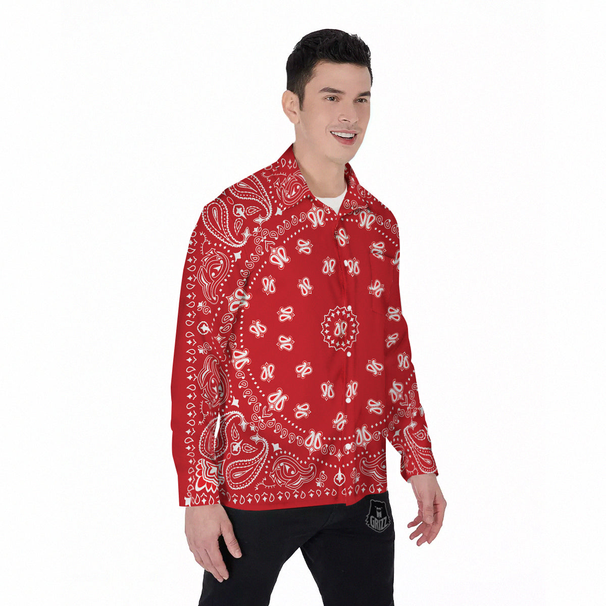 Bandana Red Paisley Print Men's Long Sleeve Shirts-grizzshop