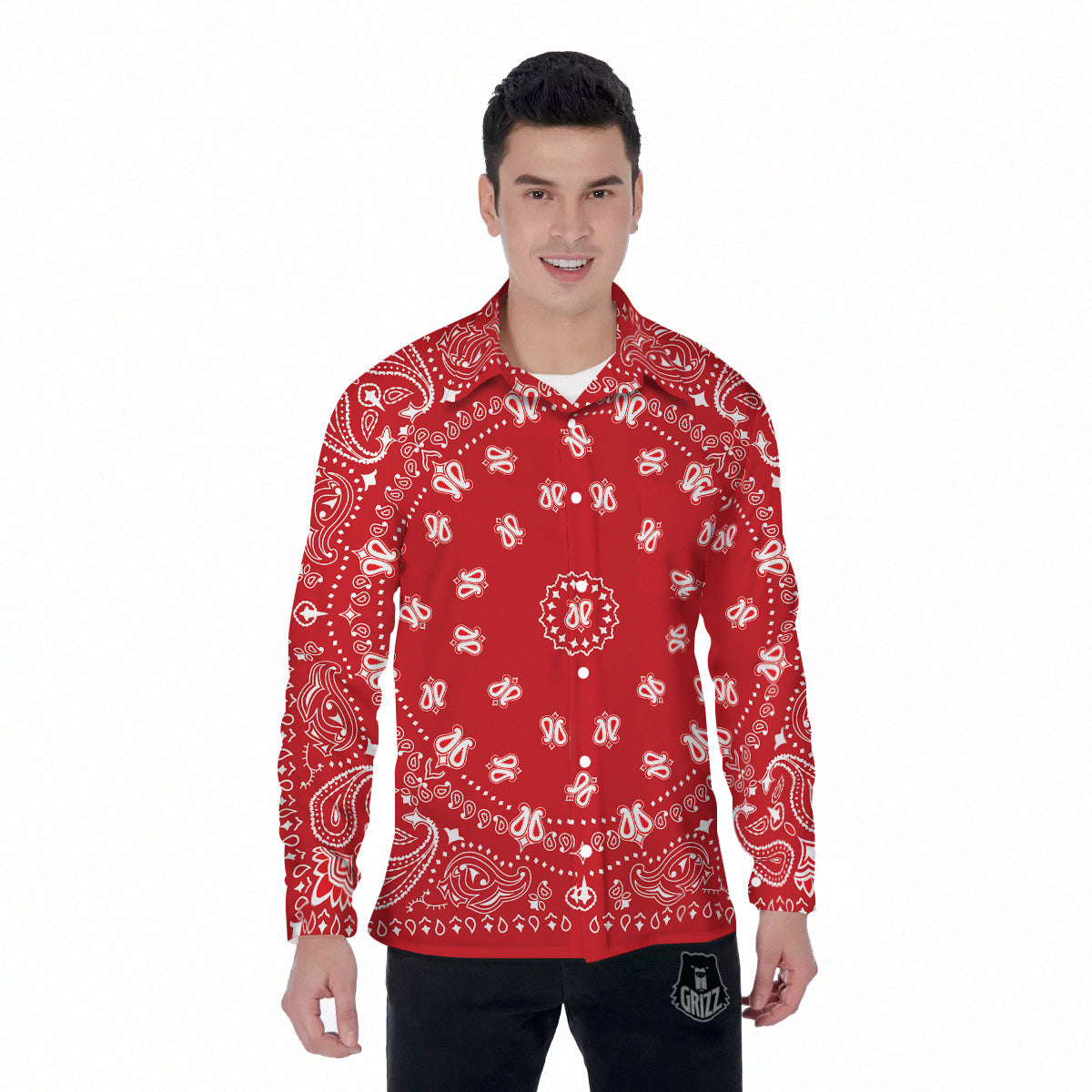 Bandana Red Paisley Print Men's Long Sleeve Shirts-grizzshop