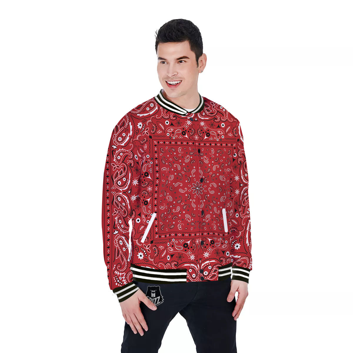 Bandana Red Paisley Print Pattern Baseball Jacket-grizzshop