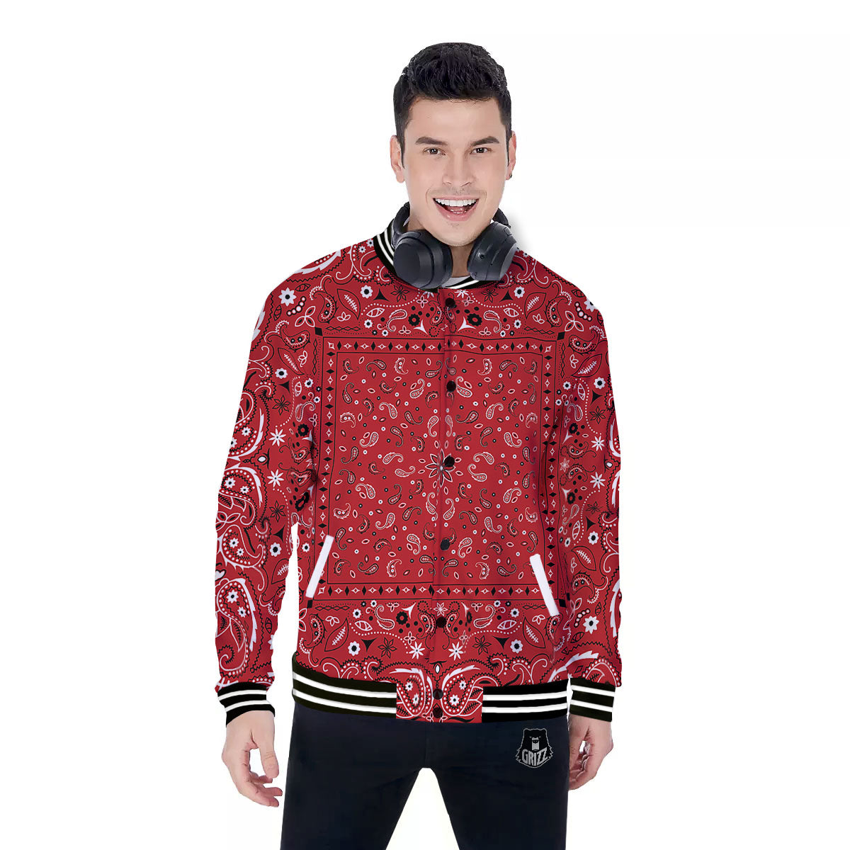 Bandana Red Paisley Print Pattern Baseball Jacket-grizzshop