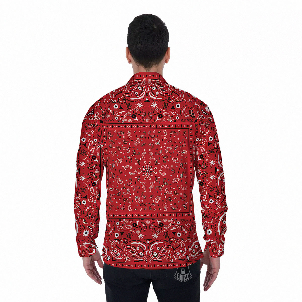 Bandana Red Paisley Print Pattern Men's Long Sleeve Shirts-grizzshop