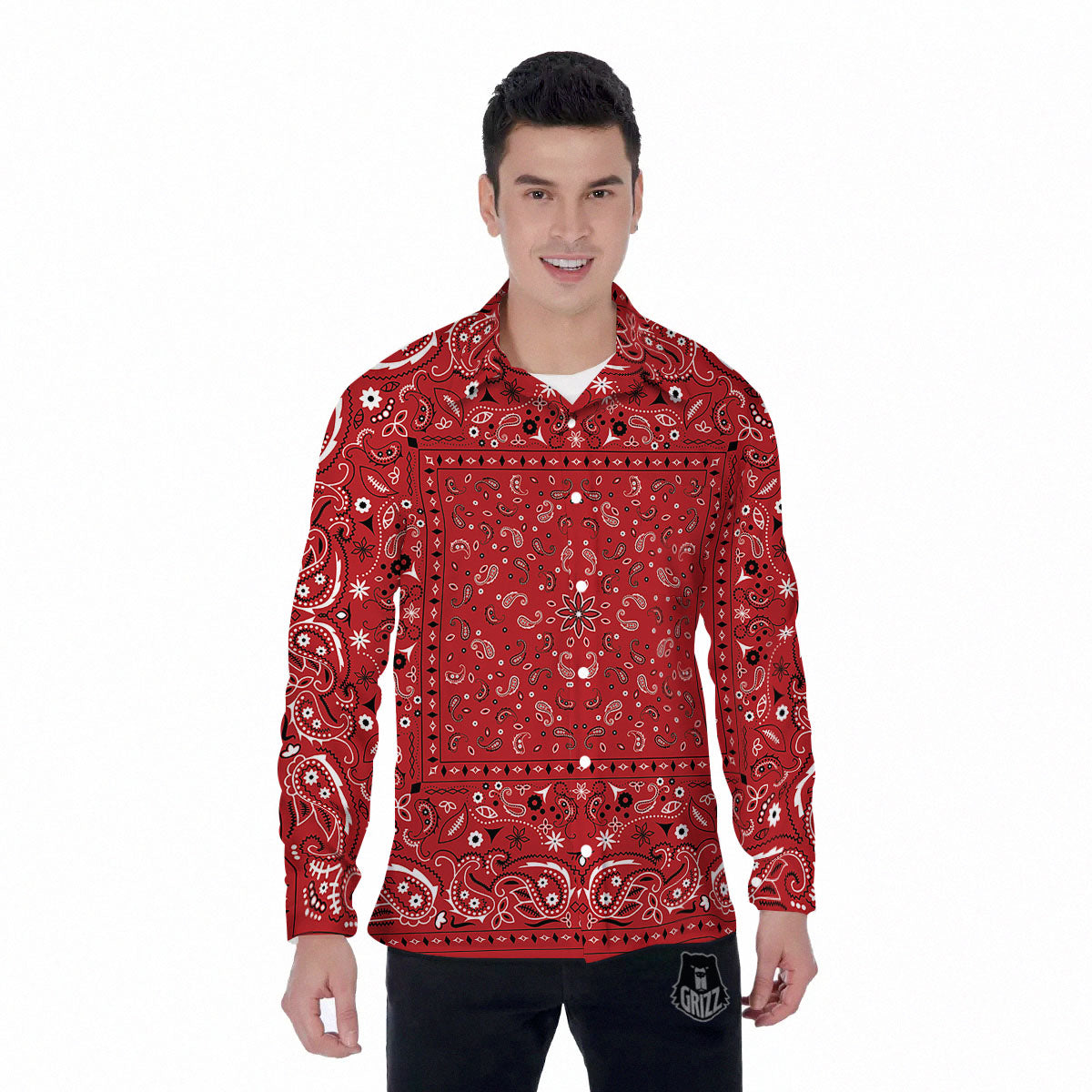 Bandana Red Paisley Print Pattern Men's Long Sleeve Shirts-grizzshop