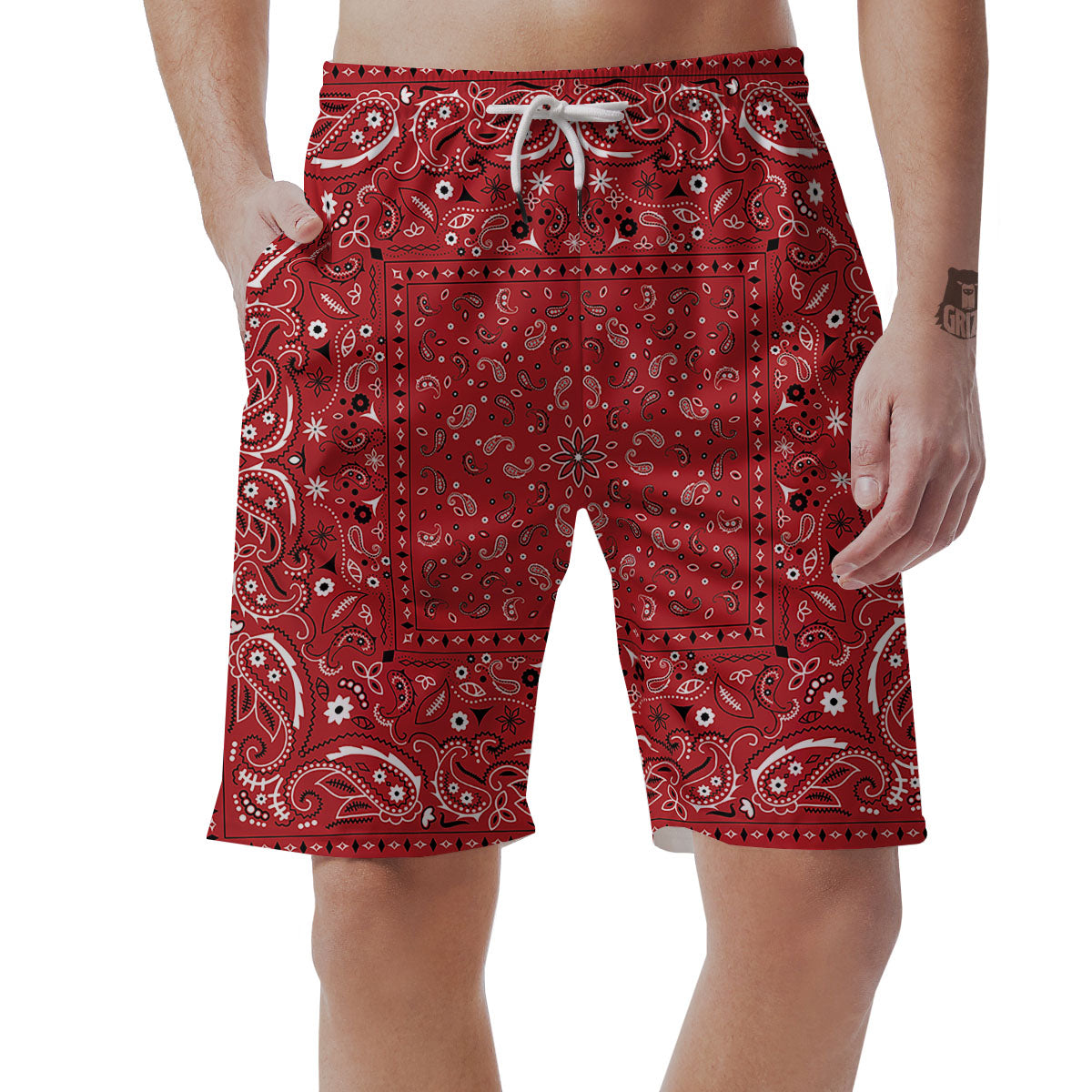 Bandana Red Paisley Print Pattern Men's Shorts-grizzshop