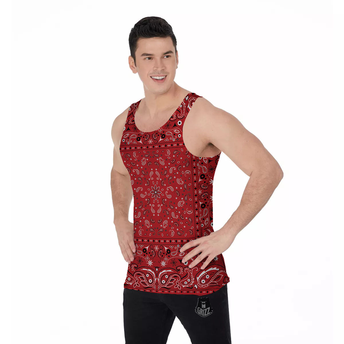 Bandana Red Paisley Print Pattern Men's Tank Top-grizzshop