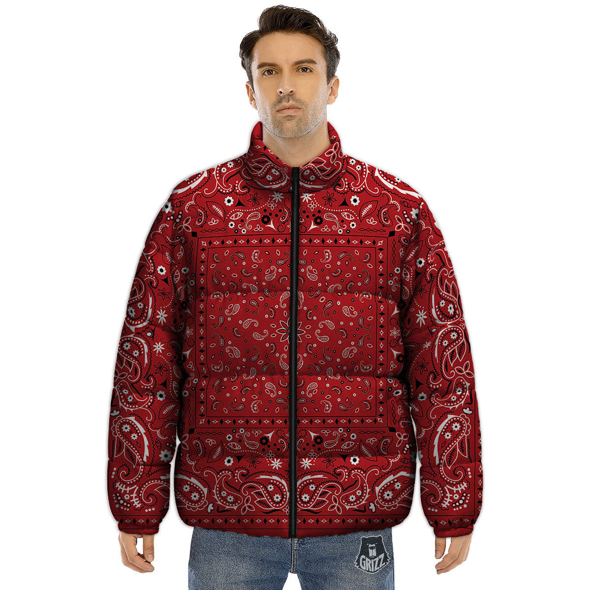 Bandana Red Paisley Print Pattern Puffer Jacket-grizzshop