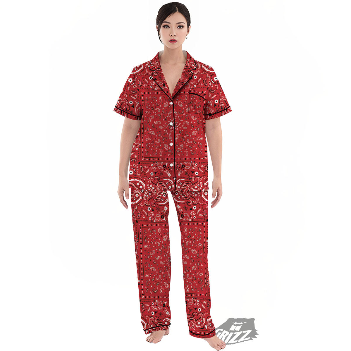 Bandana Red Paisley Print Pattern Women's Pajamas Set-grizzshop