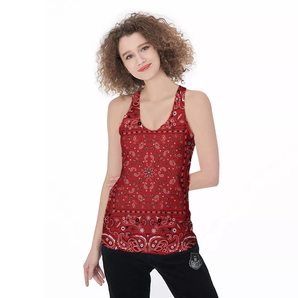 Bandana Red Paisley Print Pattern Women's Racerback Tank Top-grizzshop