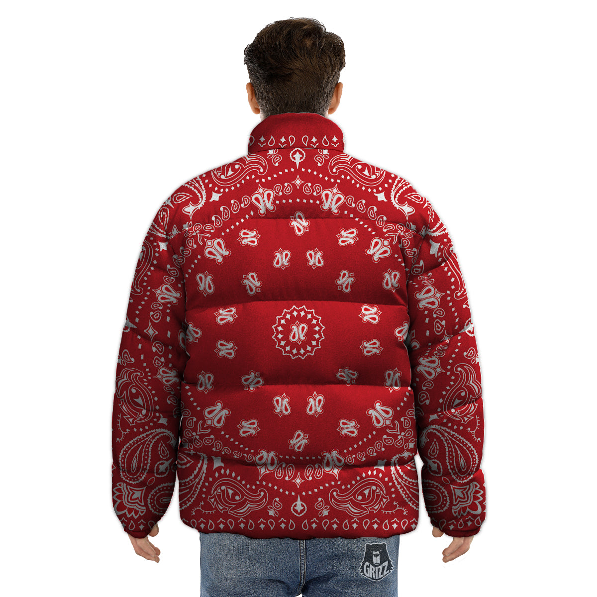 Bandana Red Paisley Print Puffer Jacket-grizzshop