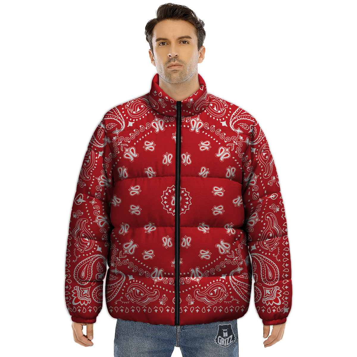 Bandana Red Paisley Print Puffer Jacket-grizzshop