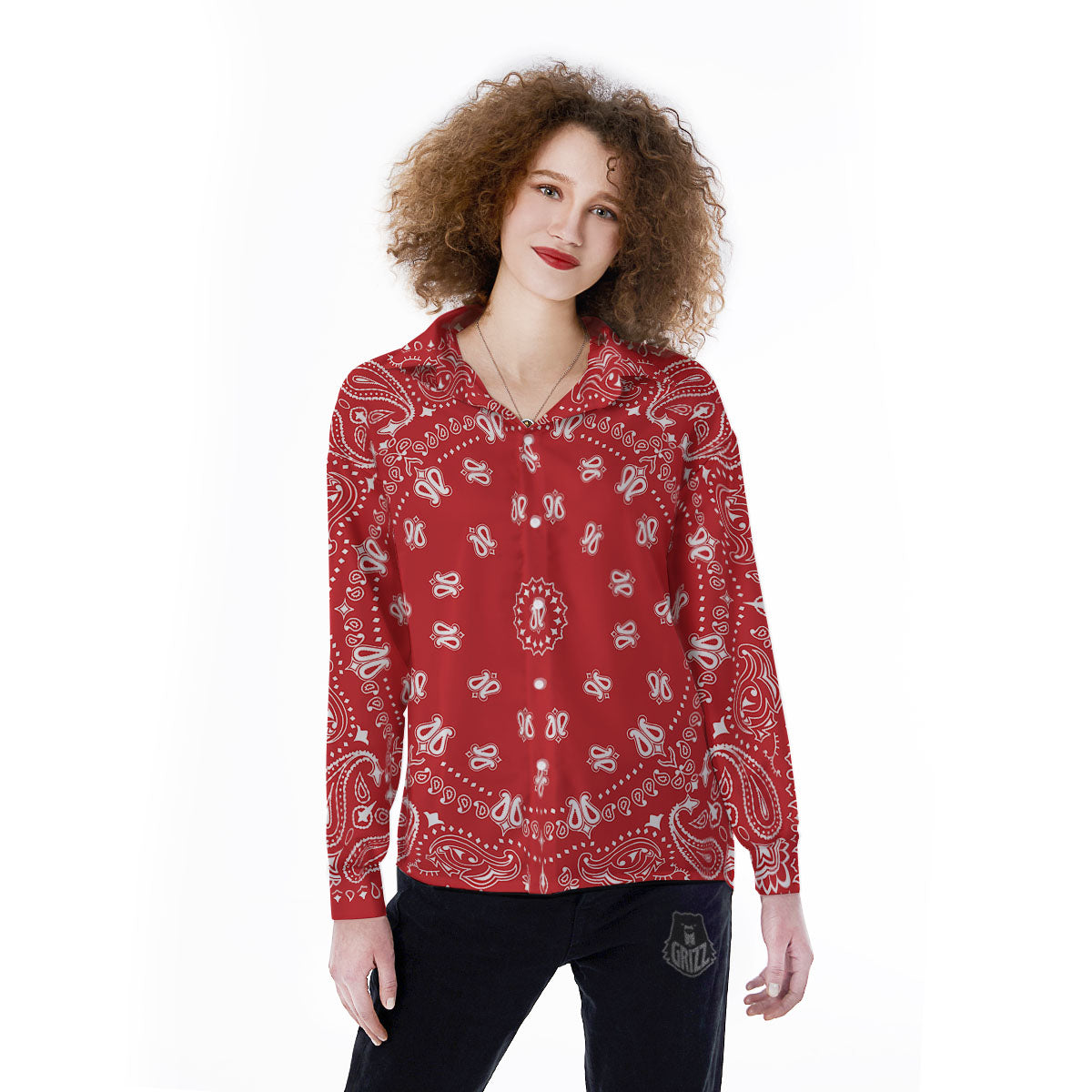 Bandana Red Paisley Print Women's Long Sleeve Shirts-grizzshop