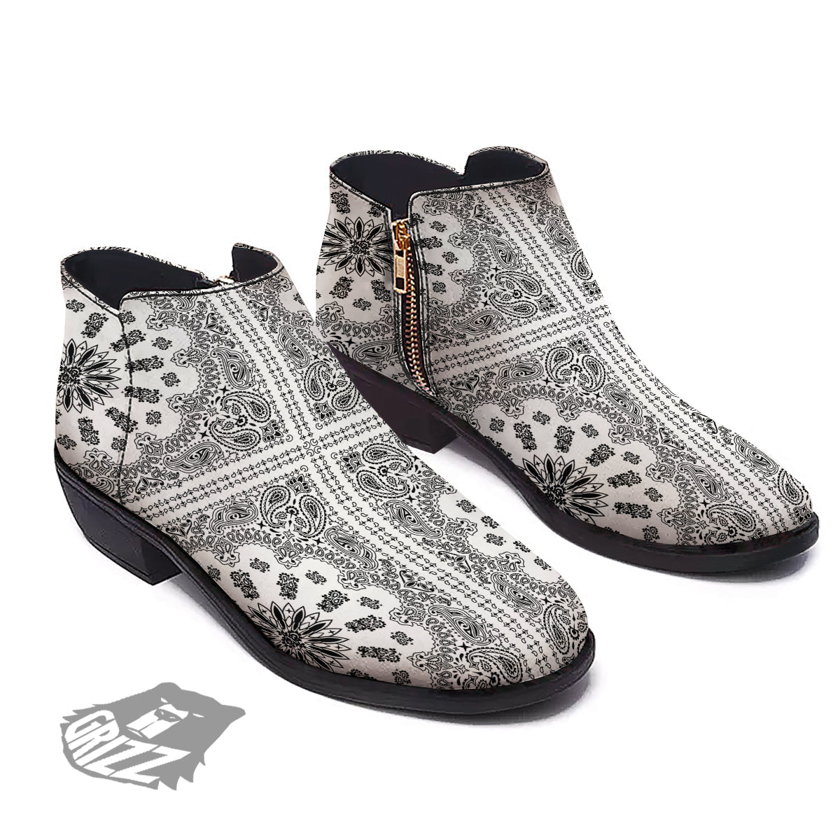 Bandana White And Black Paisley Print Pattern Ankle Boots-grizzshop