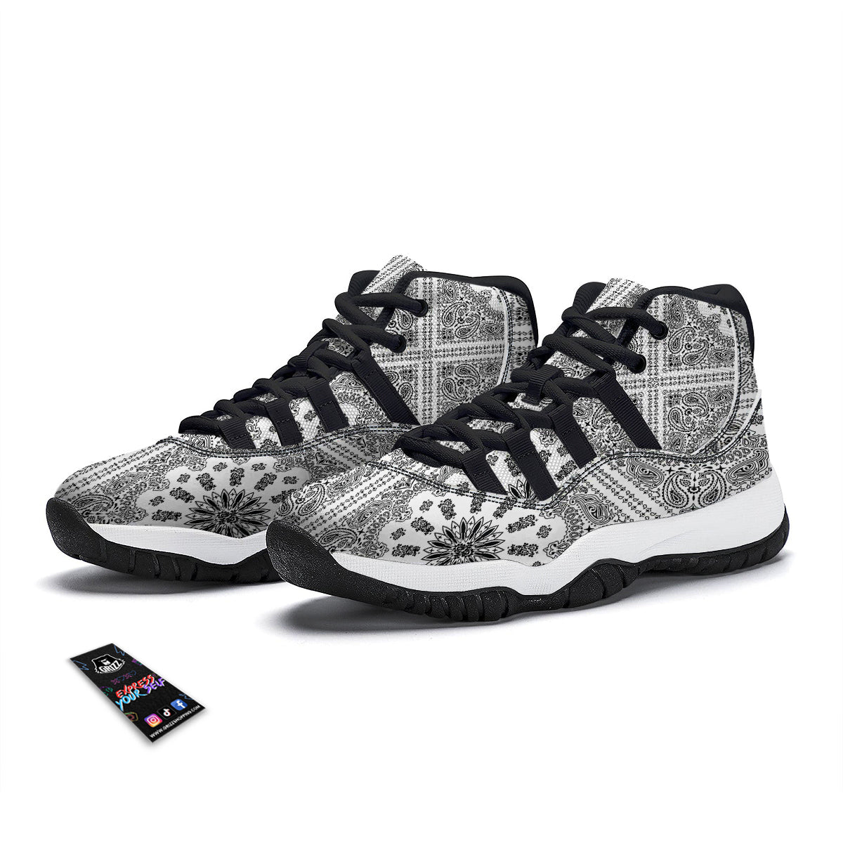 Bandana White And Black Paisley Print Pattern Black Bball Shoes-grizzshop
