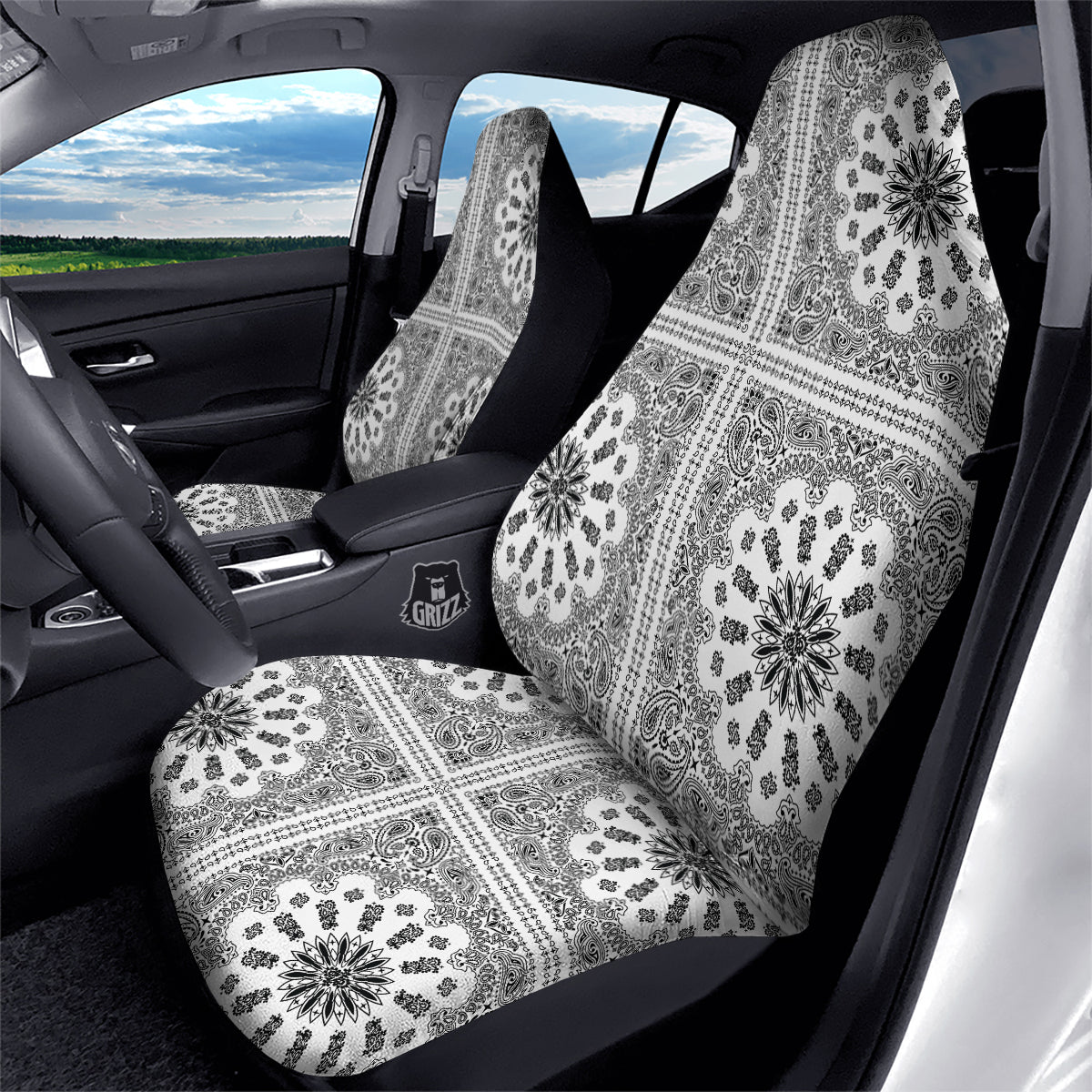 Bandana White And Black Paisley Print Pattern Car Seat Covers-grizzshop