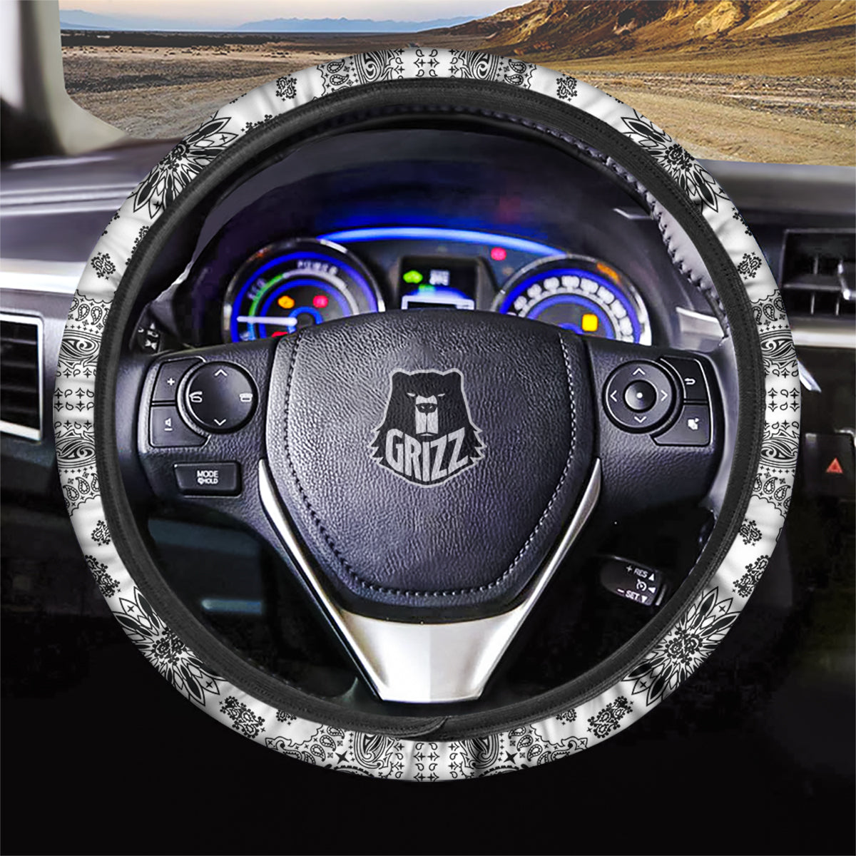 Bandana White And Black Paisley Print Pattern Car Steering Wheel Cover-grizzshop